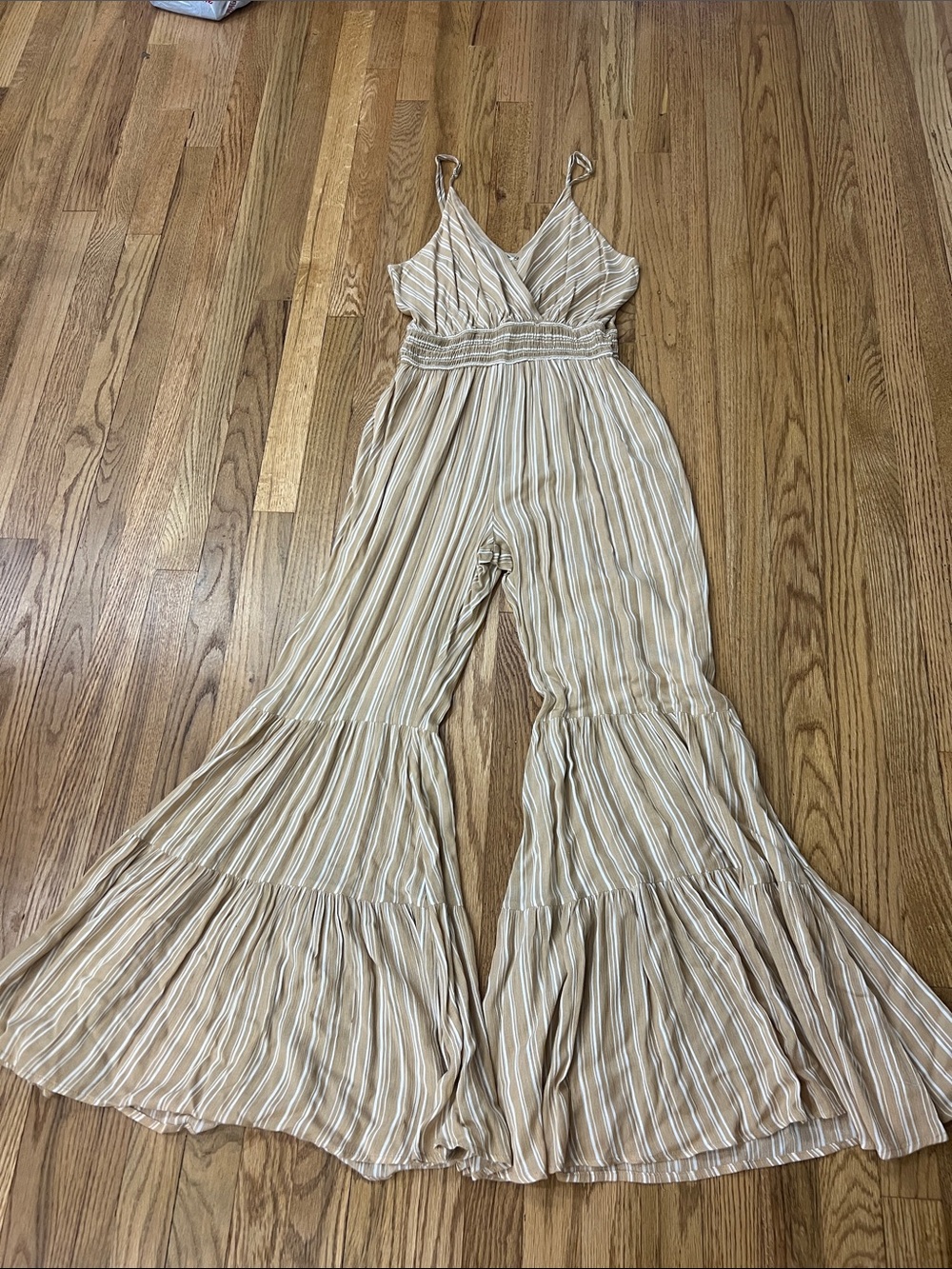 Storia Beige and White Striped Ruffle-Hem Jumpsuit